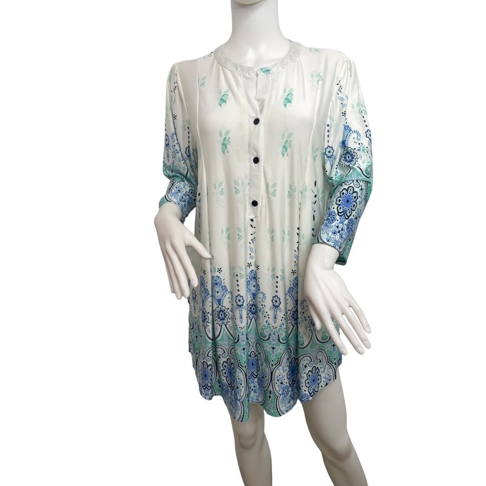 R&B Collection Women’s Tunic Top S White Blue Green Black Floral 3/4 Sleeves
